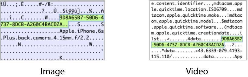Cellebrite Inspector displaying Content Identifier UUID in iPhone forensic image & video files.



