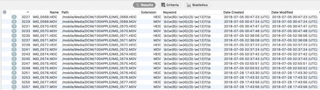 Cellebrite Inspector search results display forensic live images & videos of iPhone, indicating digital evidence examination.



