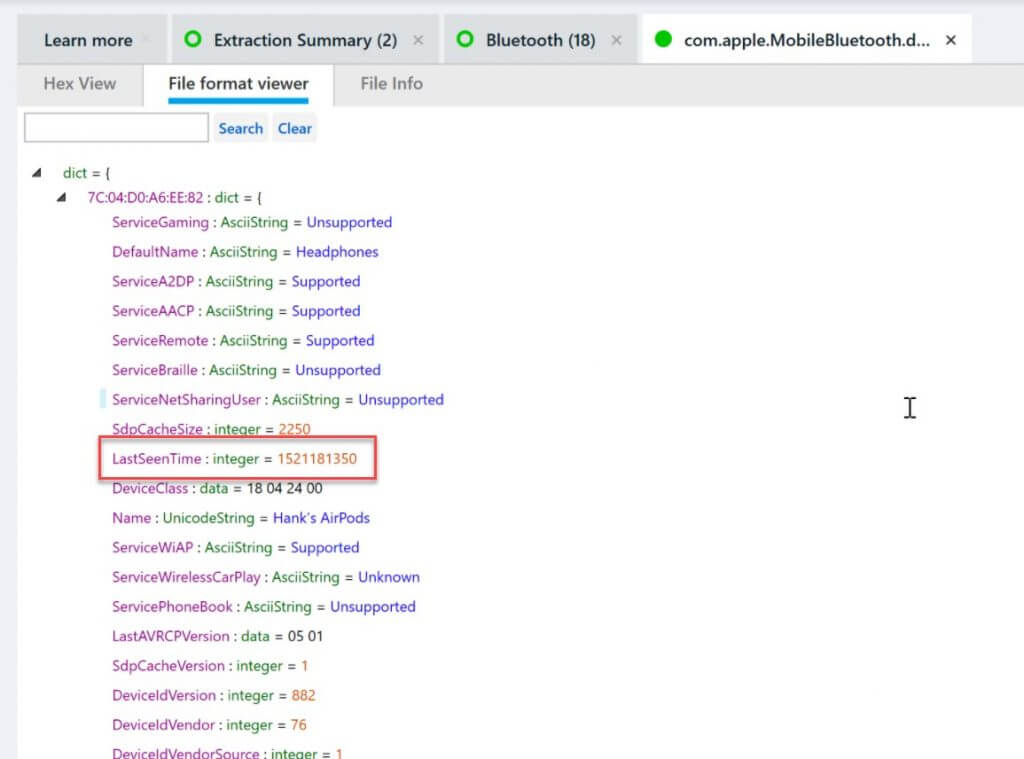 Viewer of com.apple.MobileBluetooth.devices.plist from Heather’s Test iPhone: Examination of Bluetooth data by polices.



