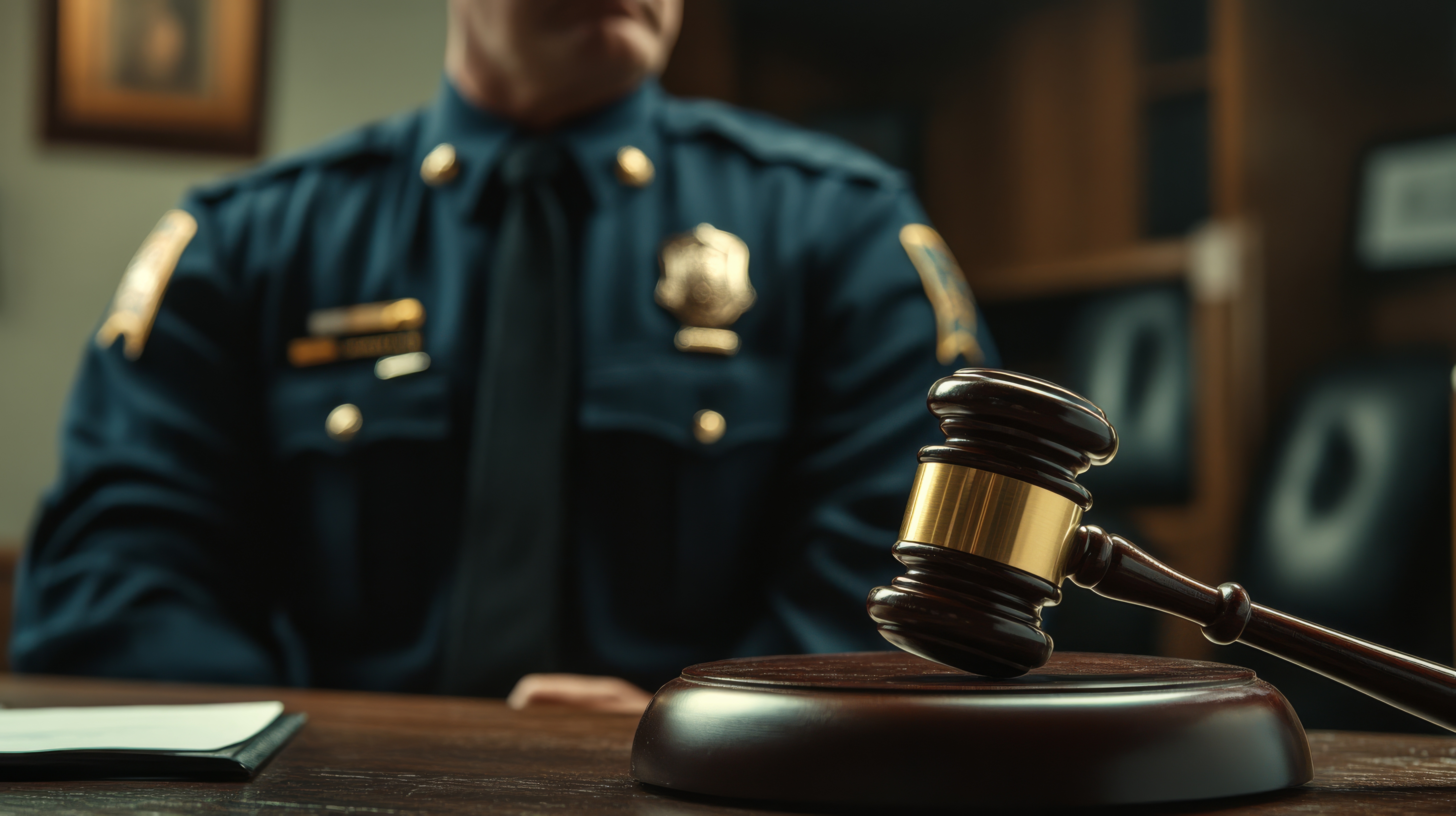A police officer sits beside a gavel, symbolizing law and order in a courtroom setting, conveying authority and justice.